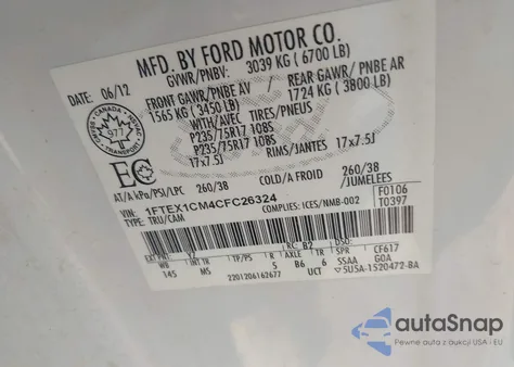 2012 Ford F-150 Xlt из США, поврежденный, VIN 1FTEX1CM4CFC26324